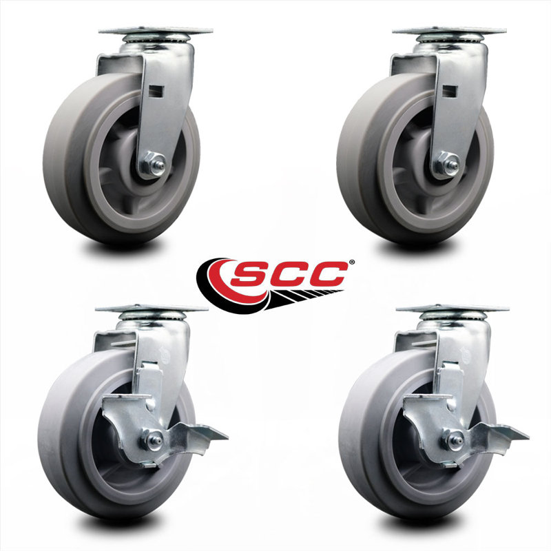 6 Inch Thermoplastic Rubber Swivel Caster Set with Ball Bearings 2 Brakes