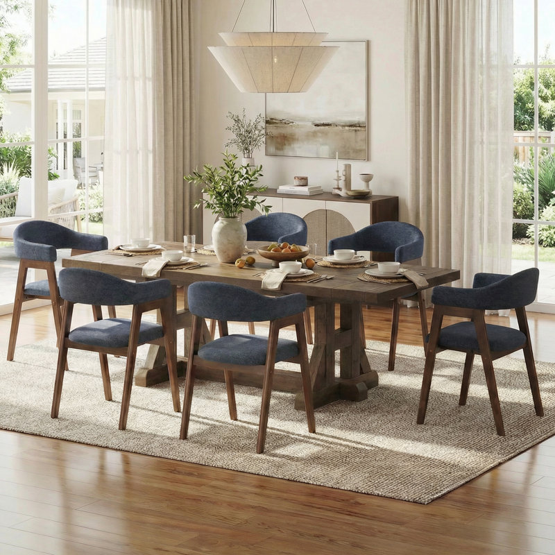 Mid-Century Modern Upholstered Dining Chairs with Curved Back and Solid Wood Legs, Set of 6, 6, Blue