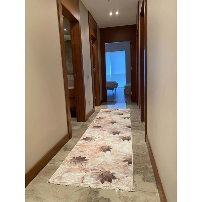 Coton imprimé floral beige Toscana Leaf Tapis chenille antidérapant, Carré 2 pi 7 po