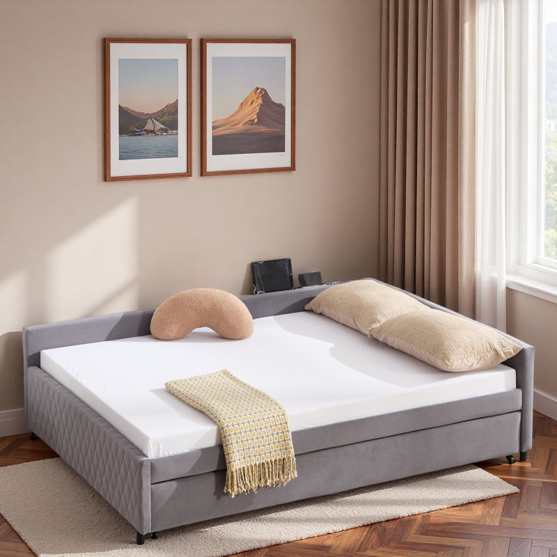 Upholstered Daybed With Trundle And Usb, Gray