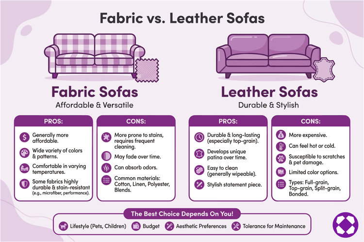 infographic comparing fabric sofas vs. leather sofas, including the pros and cons for each sofa material like lifestyle, budget, aesthetic preferences, and required maintenance