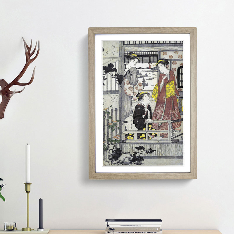 Three Women on a Veranda by Chobunsai Eishi - Picture Frame Painting Print, 36cm H x 27cm W x 2cm D, Oak Framed