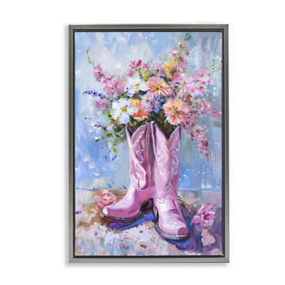 Floral Cowgirl Boots Framed Floater Canvas by Petal Prints Design