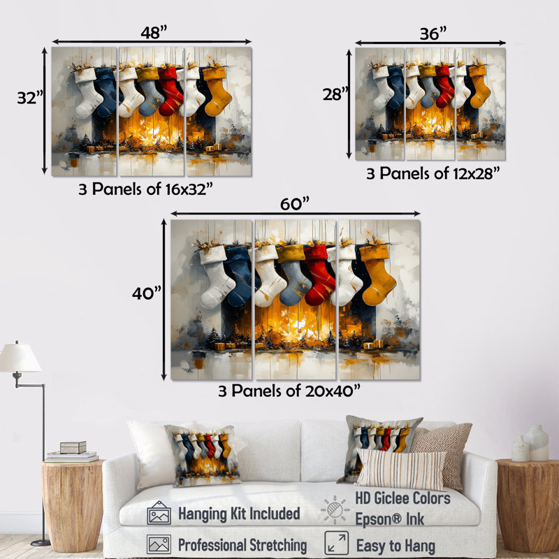 Chaussettes de Noël rouges près du foyer II - ensemble de décorations murales de Noël, H 28 po x l 36 po x P 1 po