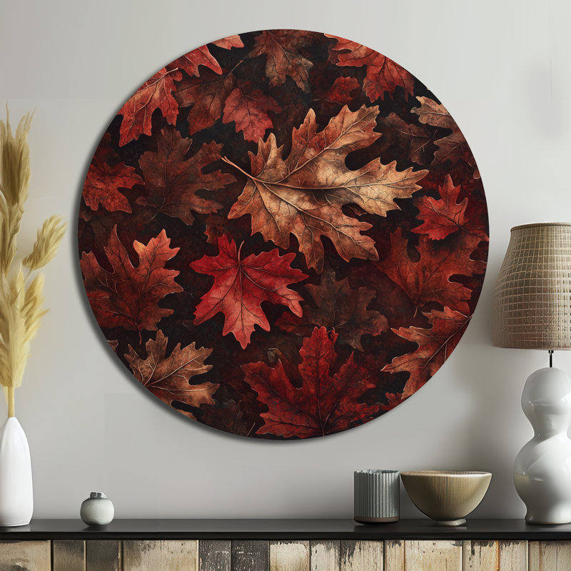 «Red Falling Maple Leaves II», décoration murale traditionnelle en métal rouge, feuilles, art mural rond en métal