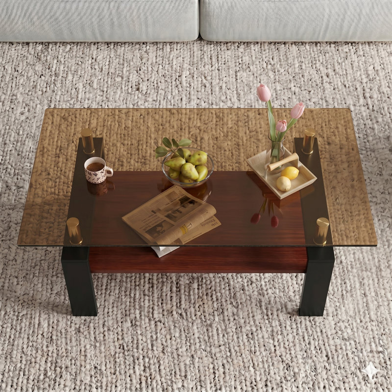 Table basse en verre pour le salon, table basse rectangulaire moderne avec tablette de rangement, table centrale Mid-Century à 2 niveaux avec pieds en métal