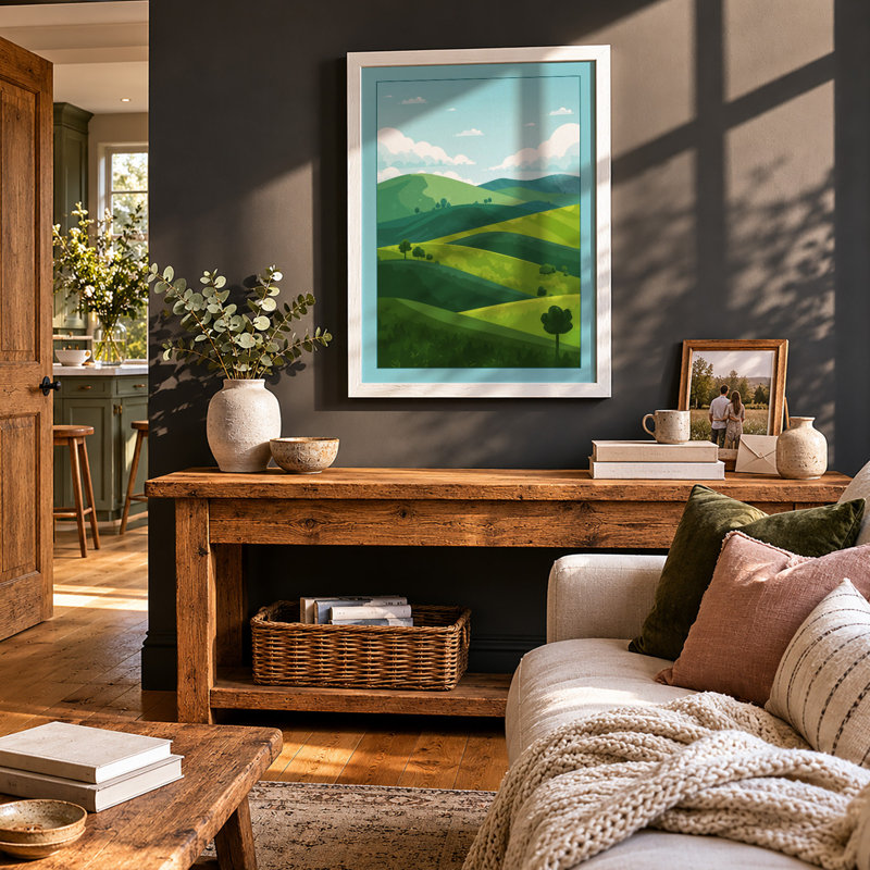 Rolling Green Landscape Modern - Framed Print, A2 - 59.4 x 42.0 cm, White