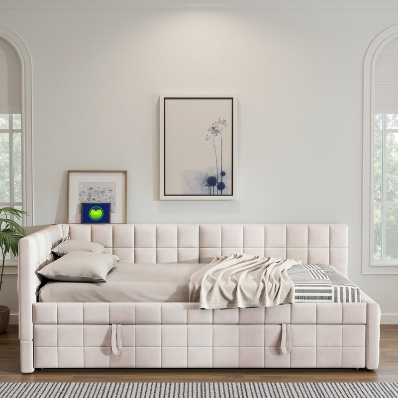 Lit de jour contemporain en L rembourré avec couchette et chargement USB, Beige