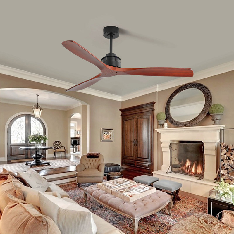Élégant ventilateur de plafond de 60 pouces avec télécommande, 3 pales en bois massif d'acajou, convenant à une utilisation intérieure et extérieure