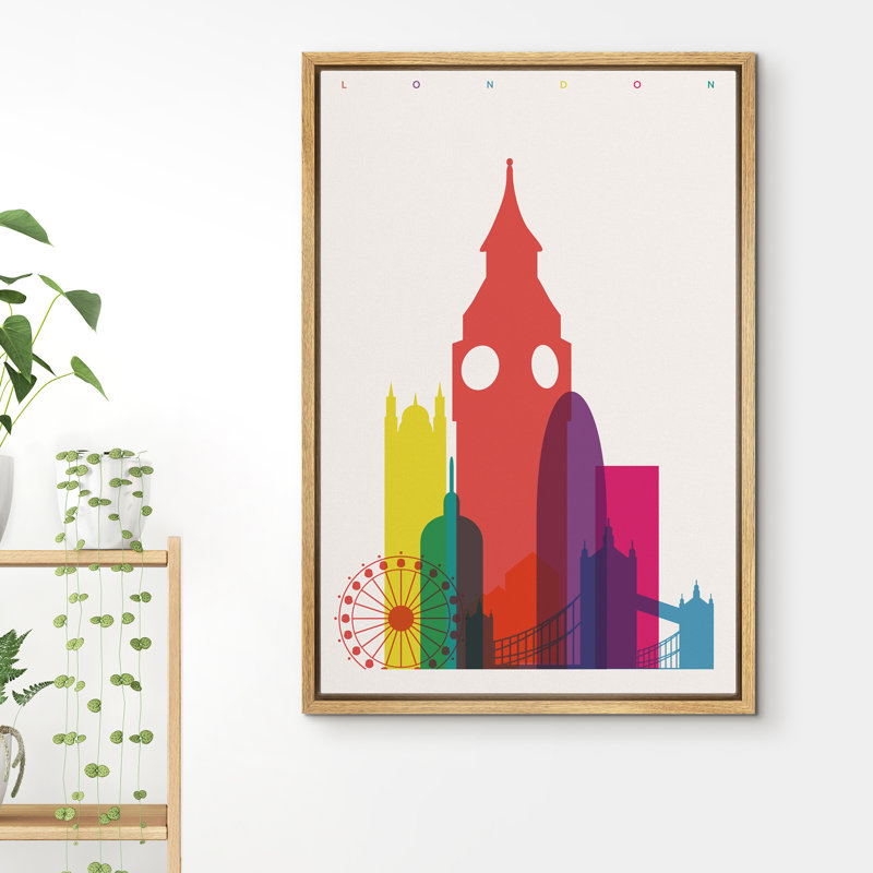 YUK03-IDEA4WALL Framed Canvas Print Wall Art Multicolor London Landmark Overlay Architecture & Maps Cityscape Typography Modern Art Chic Colorful For Living Room, Bedroom, Office
