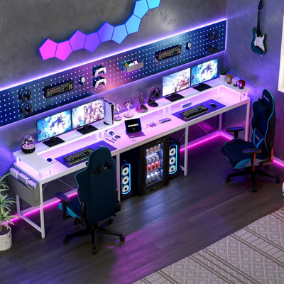 Bureau en U, bureau de jeu avec support pour écran et lumières DEL, grand bureau d'ordinateur en forme de réversible avec prises de courant, bureau avec sac de rangement et crochets