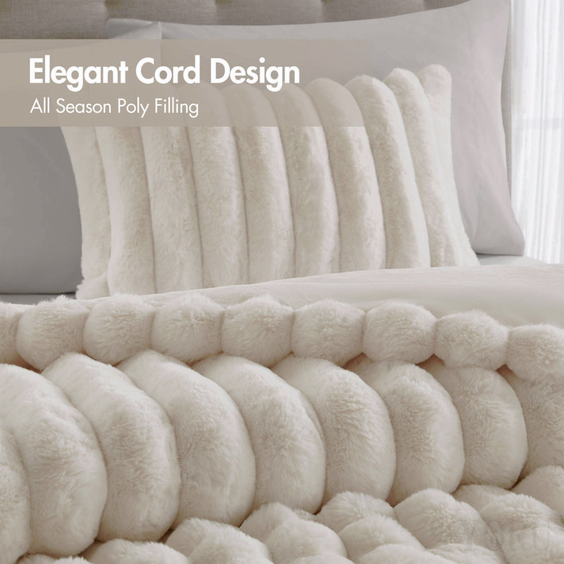 3-Piece Full/Queen Soft Faux Fur Ribbed Comforter Set,Ivory