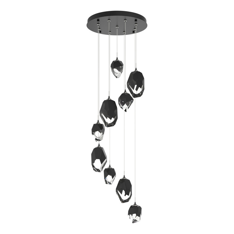 Luminaire suspendu géométrique à 9 lumières Chrysalis, Cristal noir poli, Encre, H 80 po x l 20,5 po x P 20,5 po