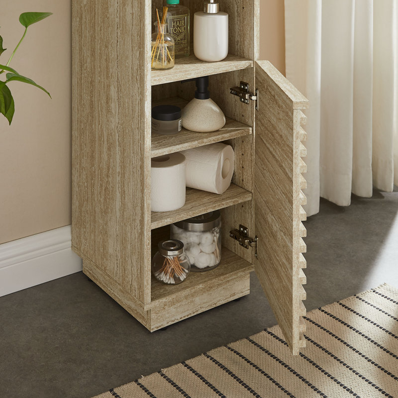 Tall Narrow Faux Travertine Linen Storage Cabinet with Adjustable Shelves