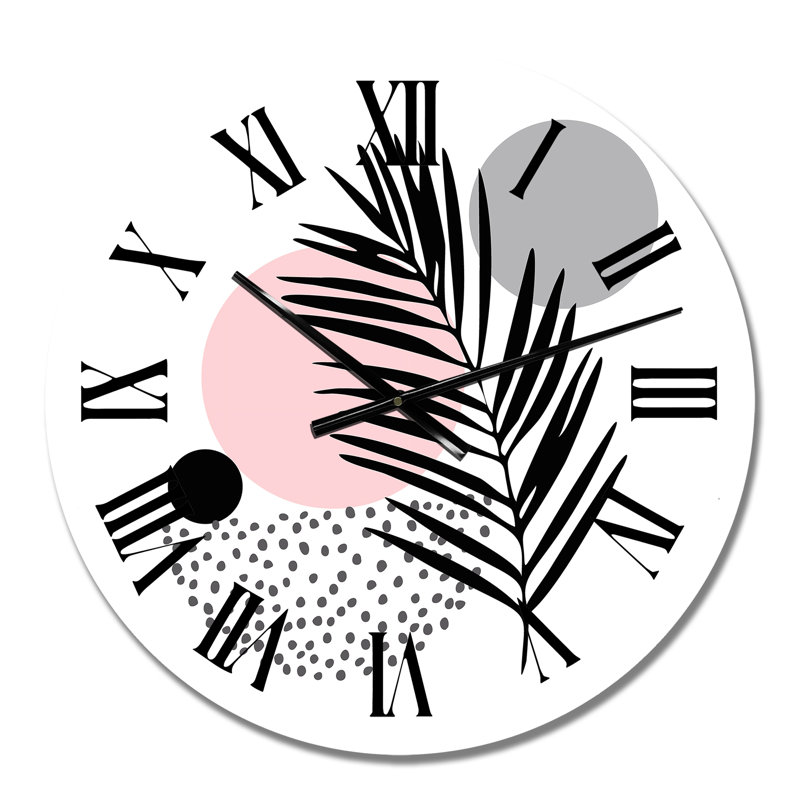 Lune rose abstraite avec feuille de palmier - horloge murale tropicale, Moyen