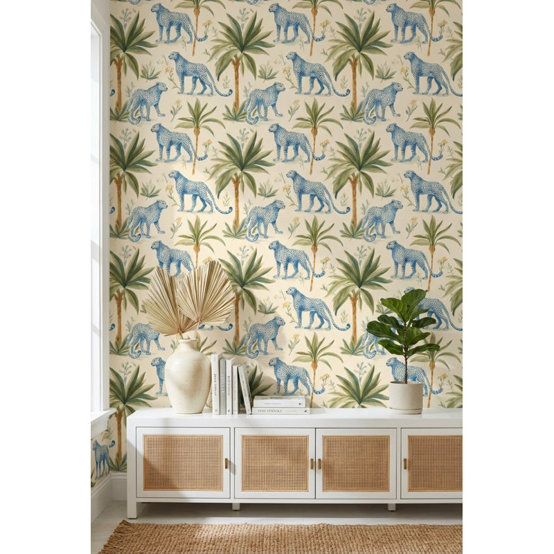 Décoration murale léopards papier peint bleu tropical, Non tissé, non collé
