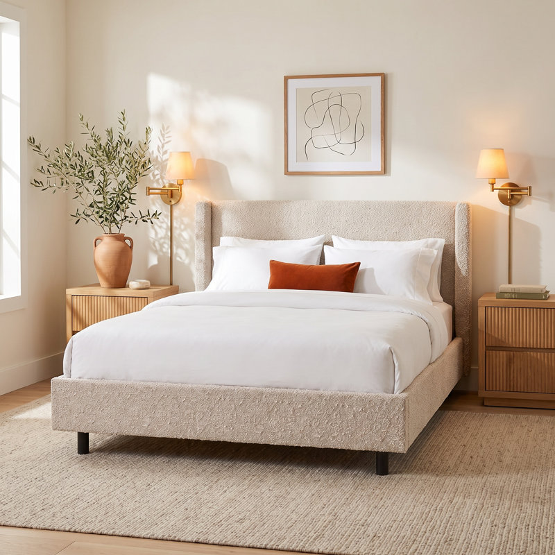 Hanson Upholstered Wingback Platform Bed, King, Classic Black Linen