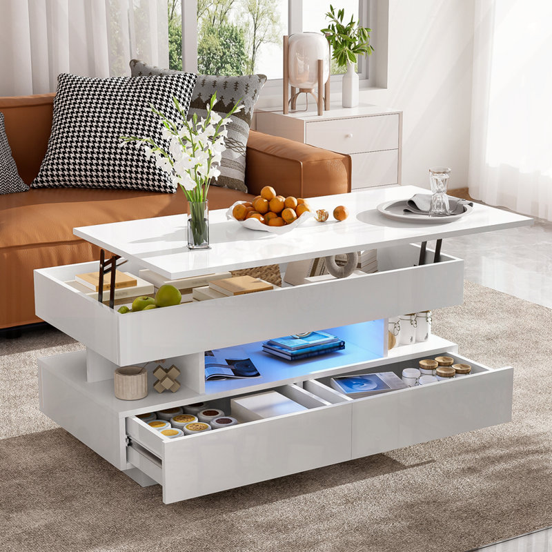 Table basse à plateau relevable avec tiroirs, Blanc