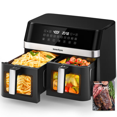 Grande friteuse à air à double panier de 12 pte avec technologie 10-en-1, 2 paniers indépendants de 6 pte, fenêtre de vue facile à nettoyer et paniers allant au lave-vaisselle
