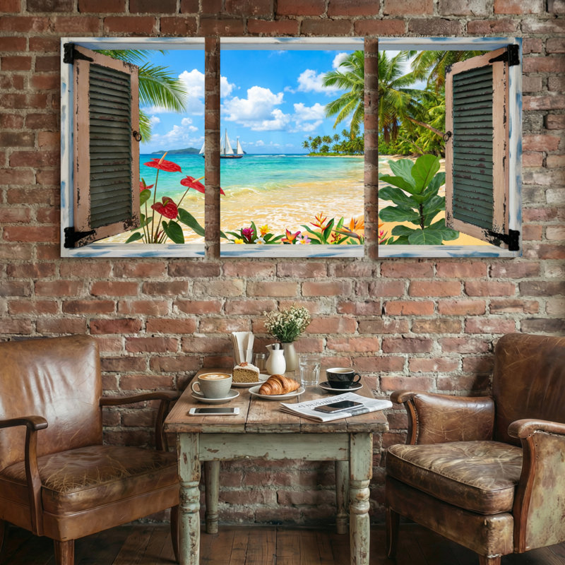 Paysage et nature Scène de plage tropicale avec palmiers et voilier, H 24 po x l 48 po