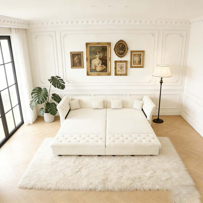 100" Oversize Pull Out Sofa Bed, Convertible Sleeper Sofa with Handmade Fabric Flower Tufted Design