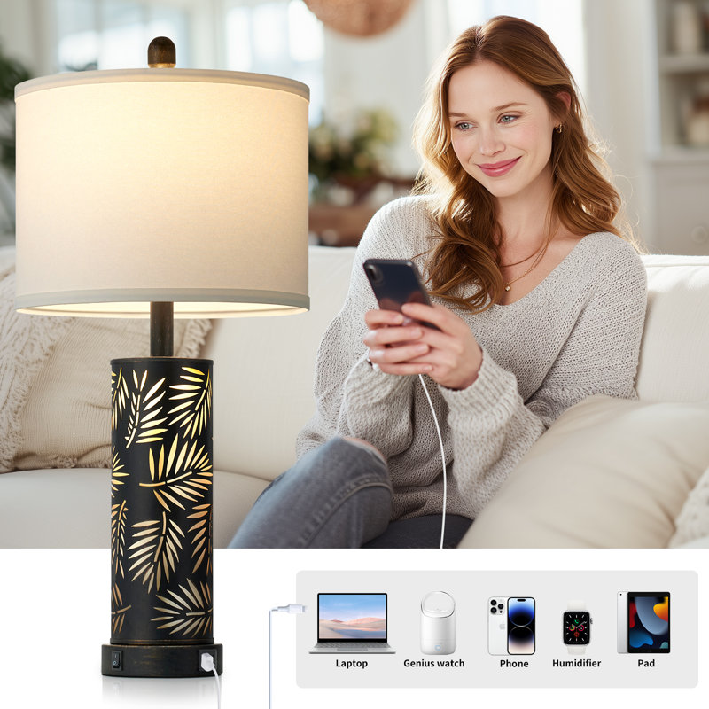 27" Leafglow Modern Farmhouse Table Lamp Set with Cutout Pattern, Dual USB Ports, Led Bulbs, Leaf Frond Black