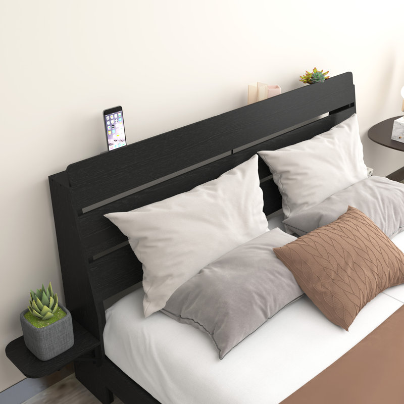 Cadre de lit flottant pour grand lit avec lumières à DEL RVB et station de charge - Lit plateforme avec tête de lit, aucun sommier requis