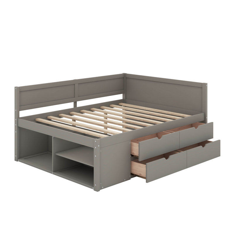 Lit de jour double avec tiroirs et tablettes, gris, Double