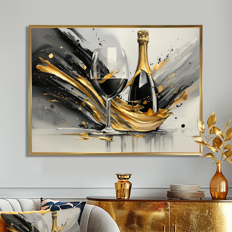 Luxueuse explosion de champagne - art mural vin et champagne, H 34 po x l 44 po, Doré