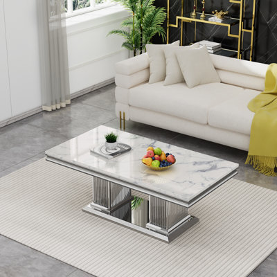 Ensemble de 4 tables basses en faux marbre, ensemble de table de salon moderne comprenant 1 table basse, 1 console et 2 tables de bout pour le salon, plateau en faux marbre blanc avec structure en U en acier inoxydable