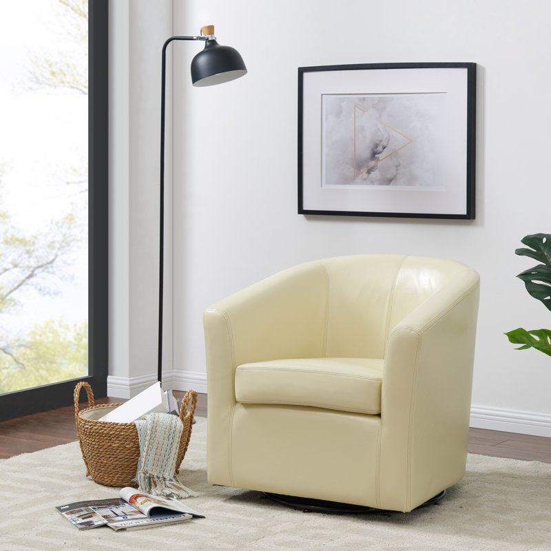 30-Inch Wide Swivel Barrel Chair, Beige Bonded Leather