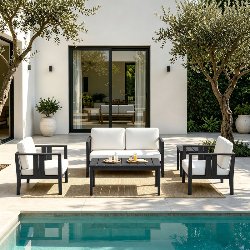 Junco Teak Outdoor Four-person Patio Set with Cushions and Two Tables, Beige, Black