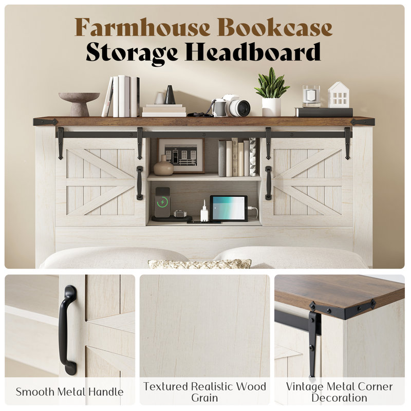  4-piece Farmhouse & Barn Door Design Bedroom Set, Full Size, White, White/Oak, Full / Double