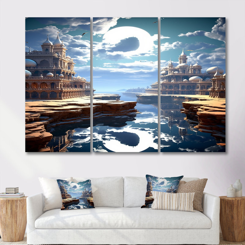 «Eastern Full Moon Cityscape», ensemble de reproductions d'art mural, Toile tendue, H 32 po x l 48 po x P 1 po