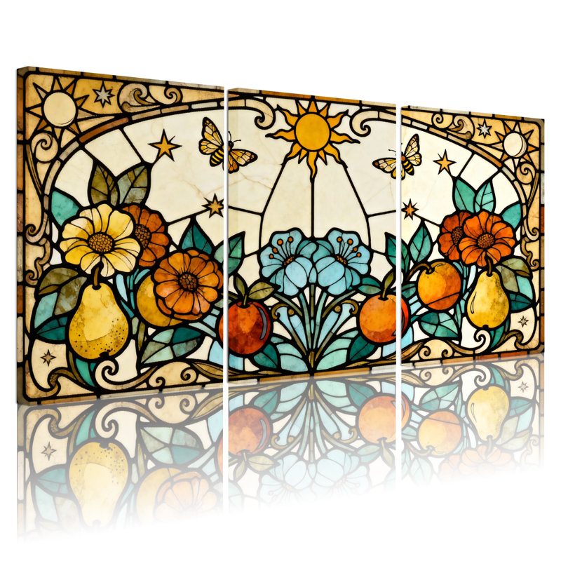 Ensemble de 3 impressions sur toile à motif floral et fruits en vitrail, H 30 po x l 60 po