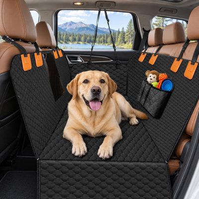 For cars, trucks, and SUVs, this Black rear pet protector uses a hammock layout with side flaps. Waterproof and scratchproof coverage combines with a non-slip bottom.