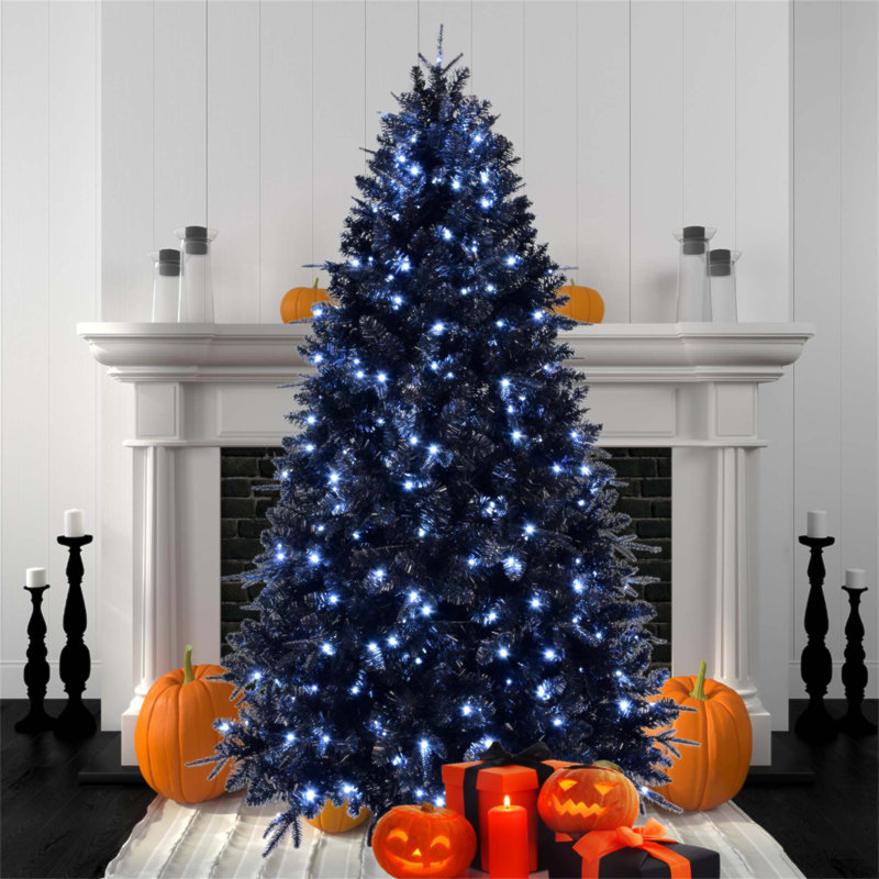 Arbre de Noël noir de 5 pi avec 250 lumières DEL, 1076 pointes PE + PVC pour Halloween et fêtes, structure à charnières avec support en métal