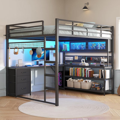 Lit mezzanine simple avec bureau de jeu en L, huche et tiroirs de rangement et station de charge, structure de lit mezzanine en métal avec lumières RVB