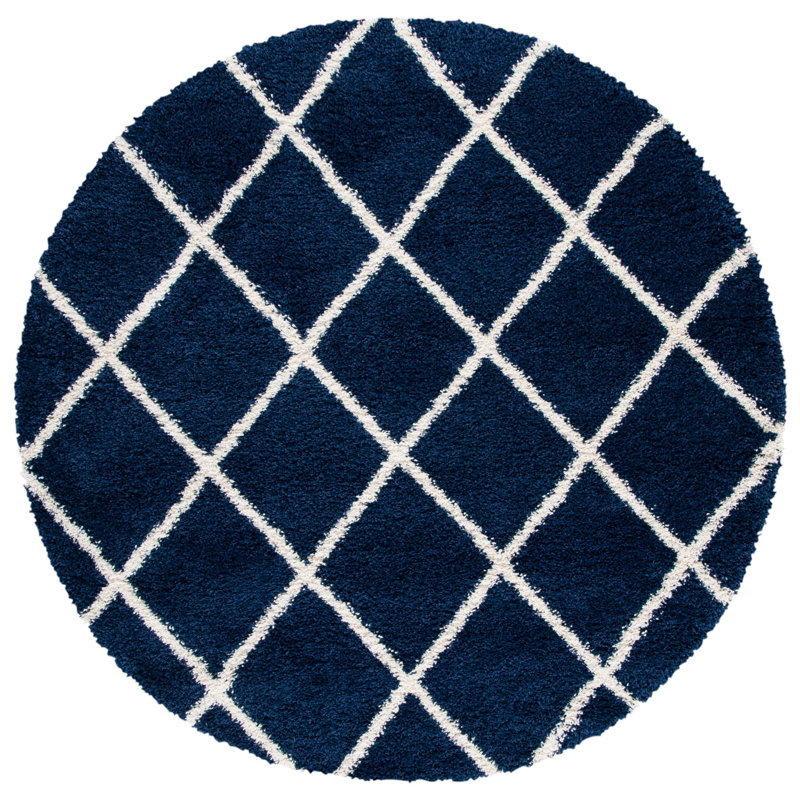 Audwen Geometric White/Navy Area Rug, Round 7'