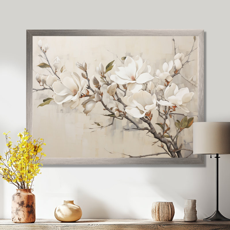 Beige de Magnolias «Dreamy» - art mural encadré Magnolias, H 16 po x l 32 po x P 1 po, Cadre simple argenté