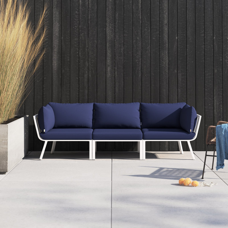 Modway Riverside 3 Piece Outdoor Patio Aluminum Sectional Sofa Set, White Navy