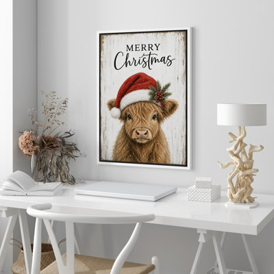 «Merry Christmas Highland Cow with Santa Hat», reproduction d'art sur toile encadrée dans la chambre principale
