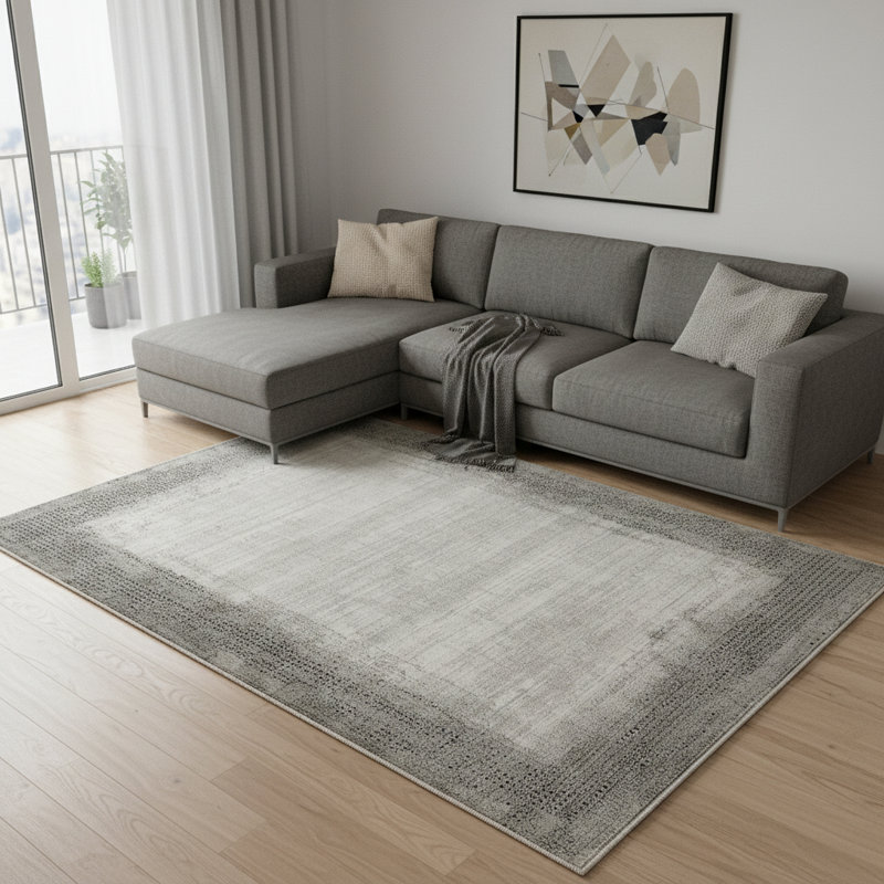 Tapis abstrait gris et blanc 5 pi x 8 pi