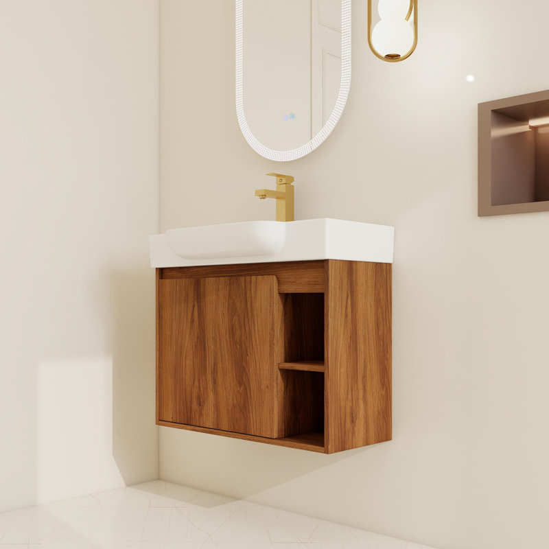 Ensemble de meuble-lavabo mural simple 28 po avec comptoir en céramique, Brun
