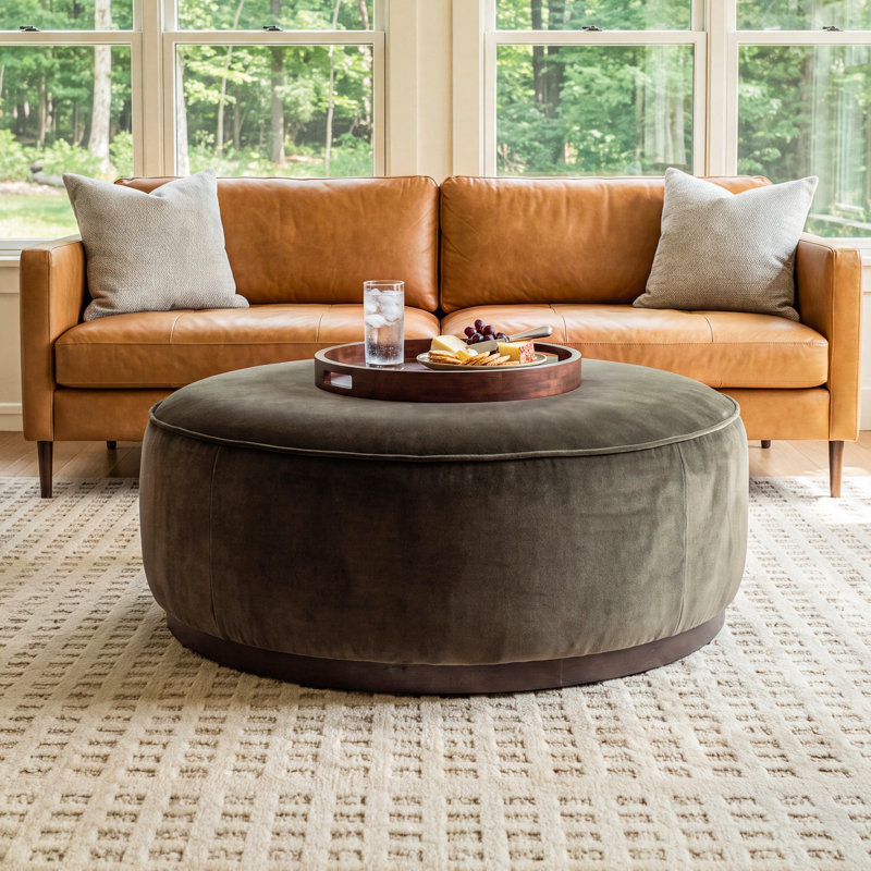 Faira 36" Wide Round Standard Ottoman, Surrey Olive Cotton Blend