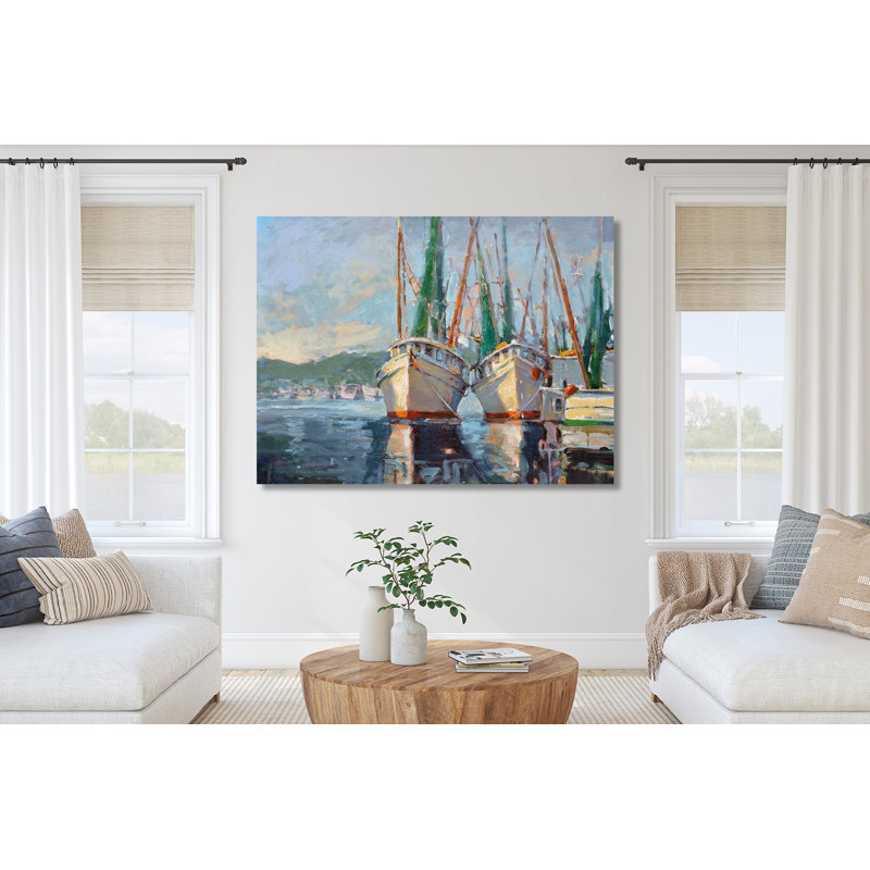 Two Shrimp Boats Print by John Beard, Black Framed Canvas, 31.5" H x 41.5" W x 1.75" D