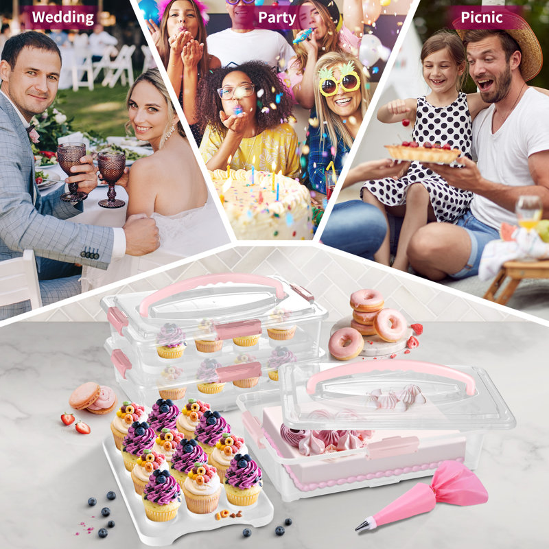 Knoxville 3-tiers Cupcake Carrier, Transport Container, BPA-Free, Holds up to 36 Cupcakes, Pink