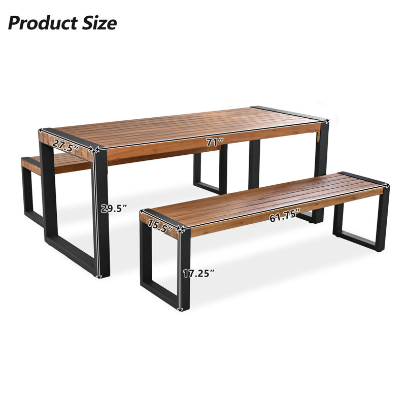 Ensemble de salle à manger 3 pièces pour l'extérieur avec table à texture unique et 2 bancs