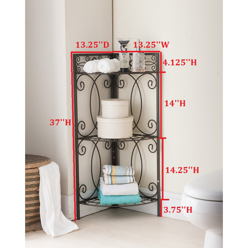 Étagère de salle de bain autoportante avec cadre en métal à volutes et deux tablettes ouvertes en tôle pour ranger les serviettes, le papier hygiénique et les fournitures de salle de bain dans les petites salles de bain ou pour les invités