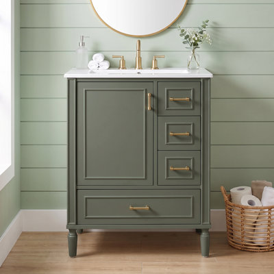 Meuble-lavabo autoportant 24 po en bois massif + panneau de fibres à densité moyenne avec lavabo intégré en céramique, armoire de bain en vert olive avec support de porte, tiroirs et porte à fermeture en douceur